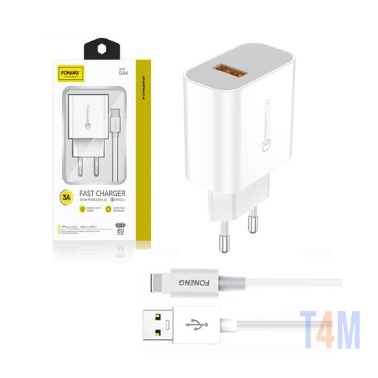 Foneng Fast USB Wall Charger EU46 with iPhone Cable 3A White